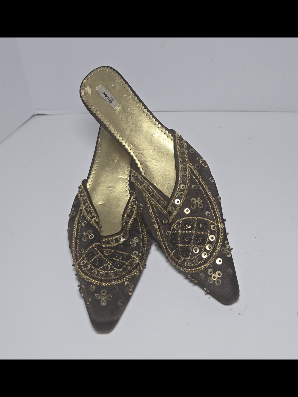 Metro 7 Brown Pointed Slip-On Mules with Gold Embellishment
